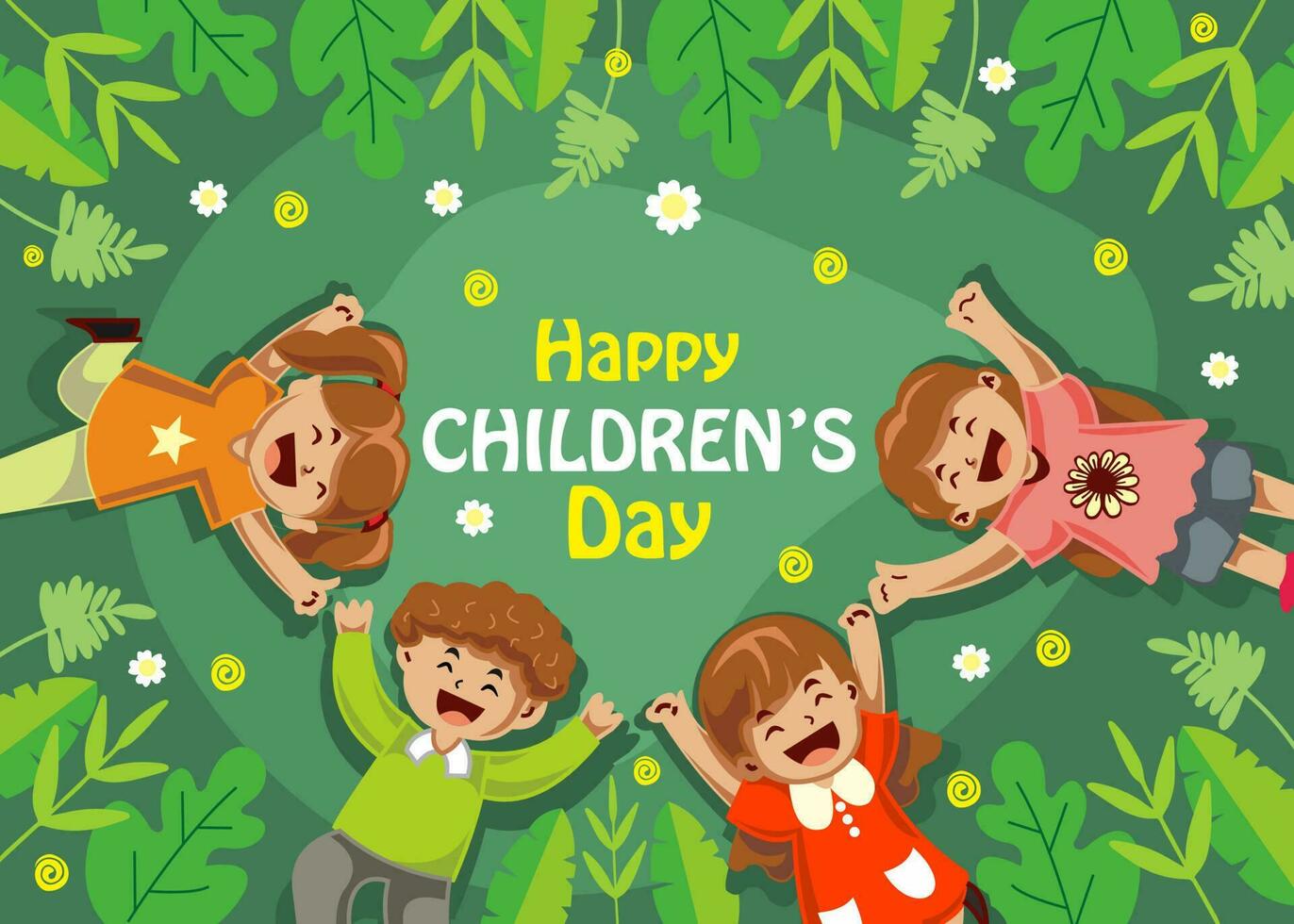 world children's day illustration, children's day banner, child character, cartoon 2 girls and one boy sleeping in a garden full of flowers and green leaves, cartoon background vector