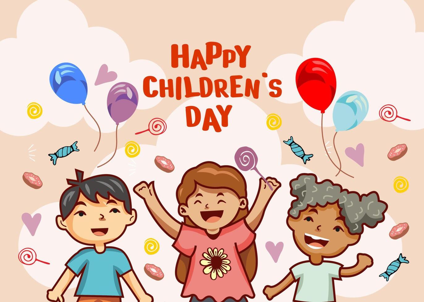 mundo para niños día póster, para niños día bandera, pequeño chico personaje, dibujos animados Tres diferente étnico pequeño niños celebrando mundo para niños día, dibujos animados antecedentes vector