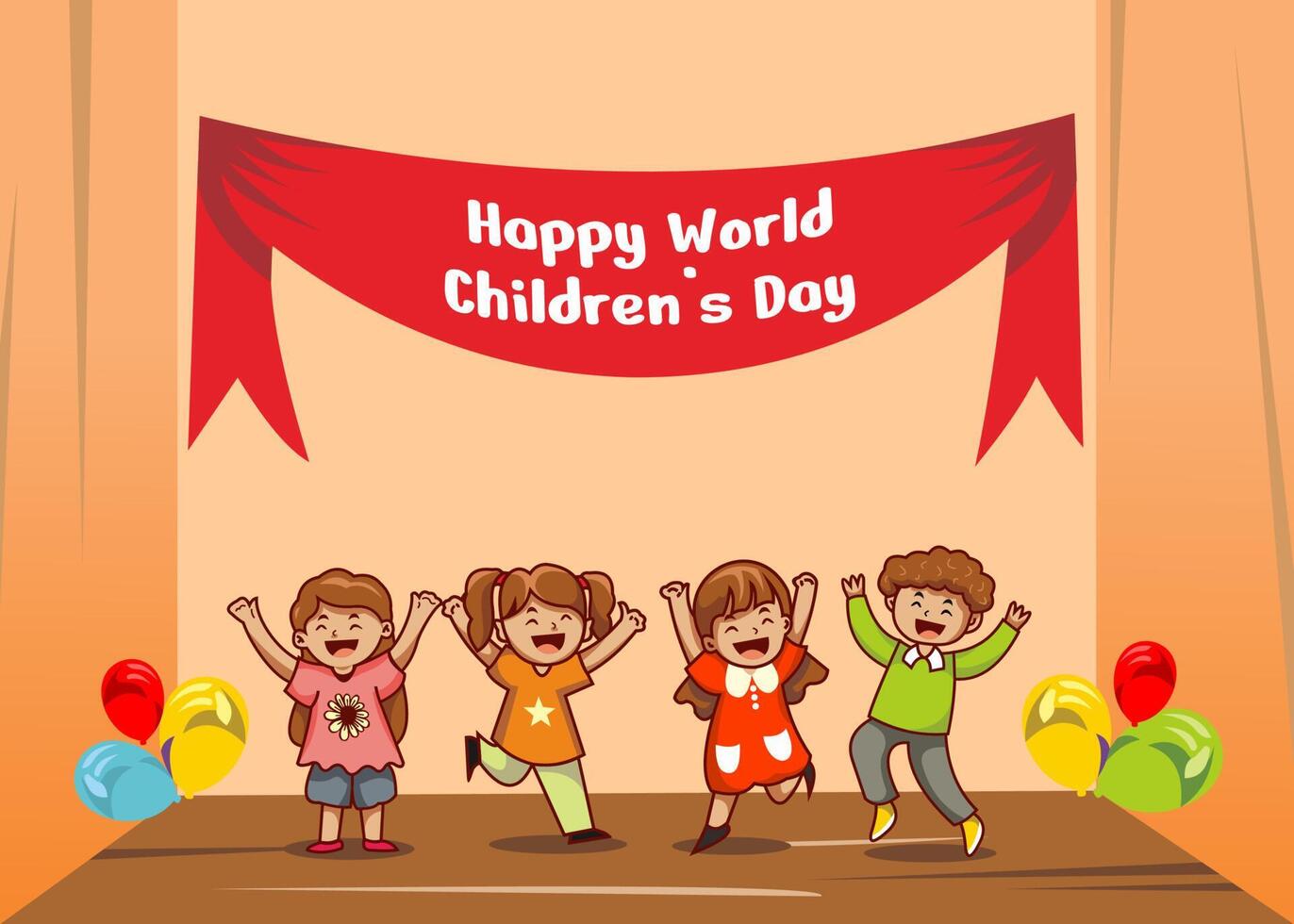 world children's day poster, children's day banner, little boy character, cartoon some children are celebrating children's day on stage, cartoon background vector