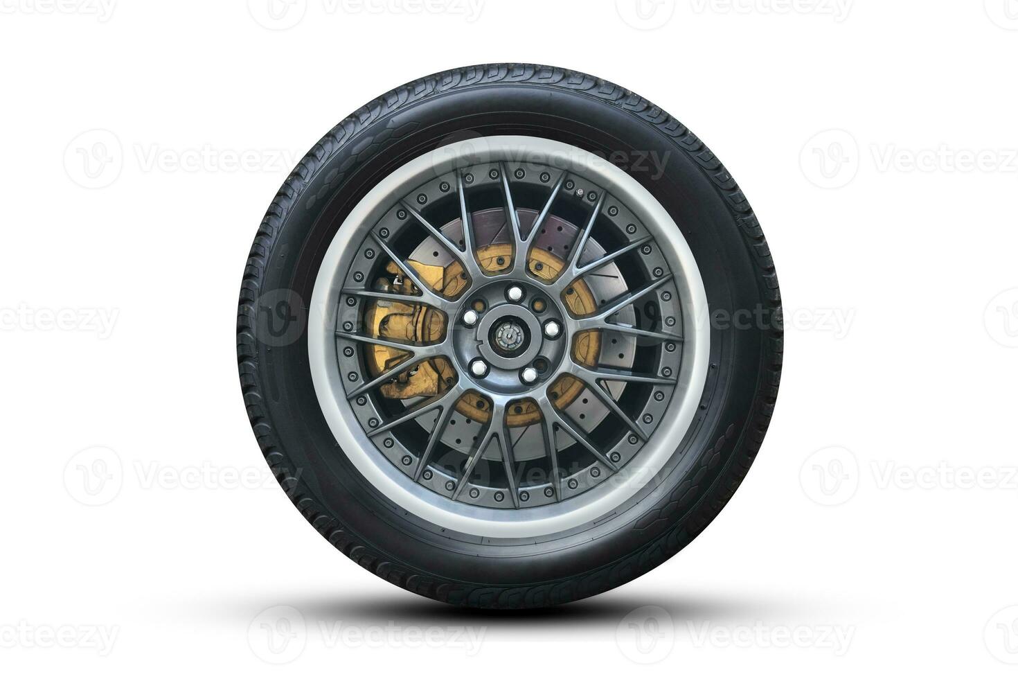 Clipping path. Close up of Silver Wheel supercar isolated on White background view. Move speed. photo