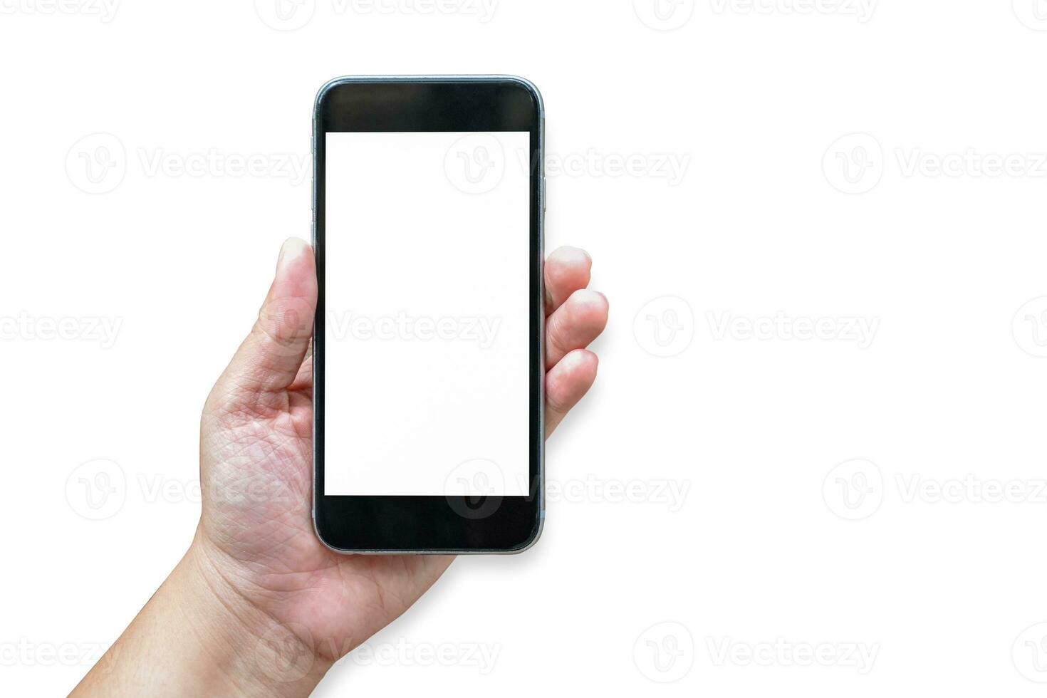 Clipping Path. Close up of Women hand holding black smartphone white screen isolated empty on white background view. Flay lay of Mockup smarphone. photo