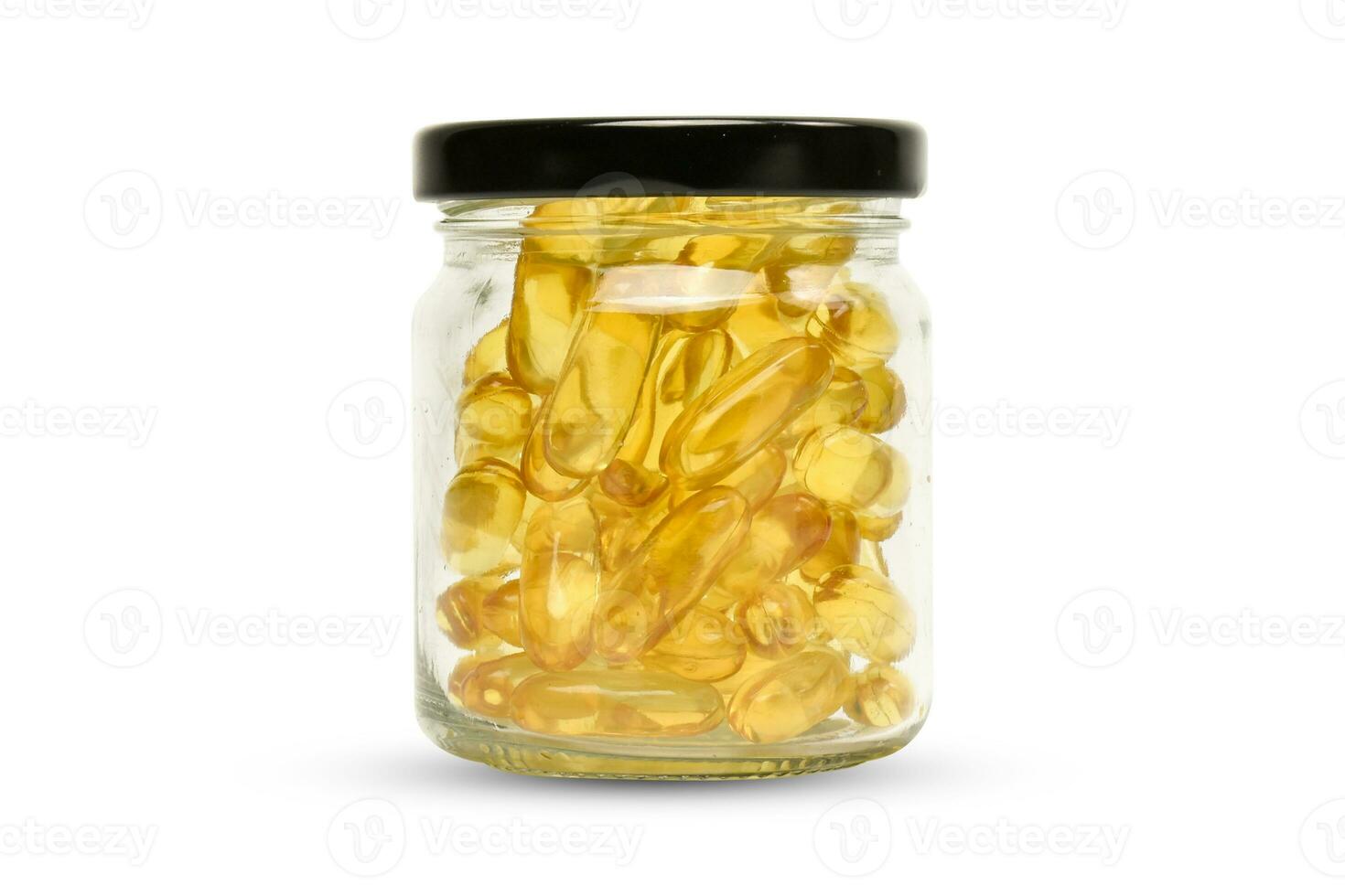 Clipping path. Fish oil in a glass bottle isolated on background. Supplementary food. Capsules salmon fish oil view. Omega 3. Vitamin E. photo