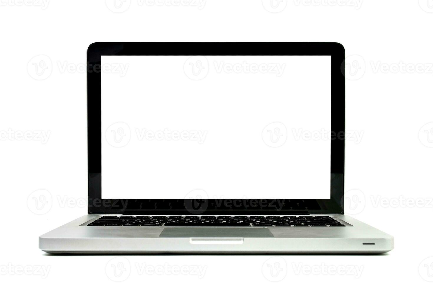 Clipping path. Modern Laptop isolated empty white screen on white background view. Mockup laptop white screen view. photo