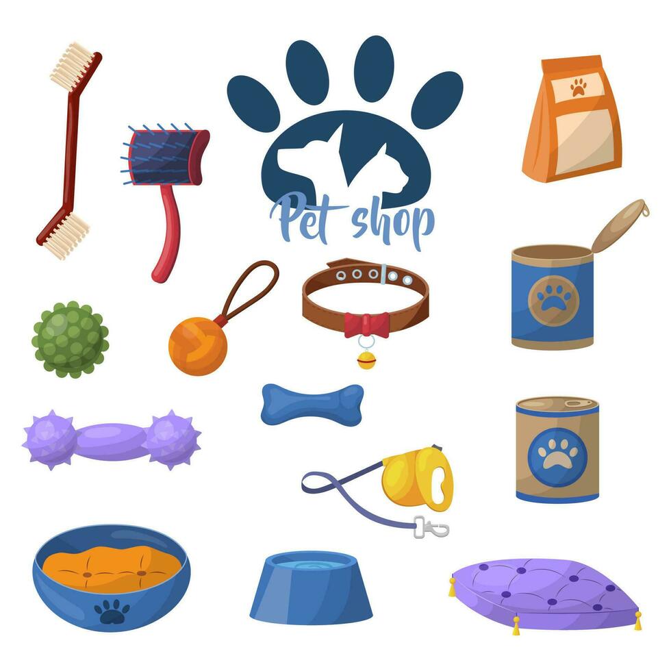 un conjunto de accesorios para animales mascota tienda. vector ilustración en un blanco antecedentes.