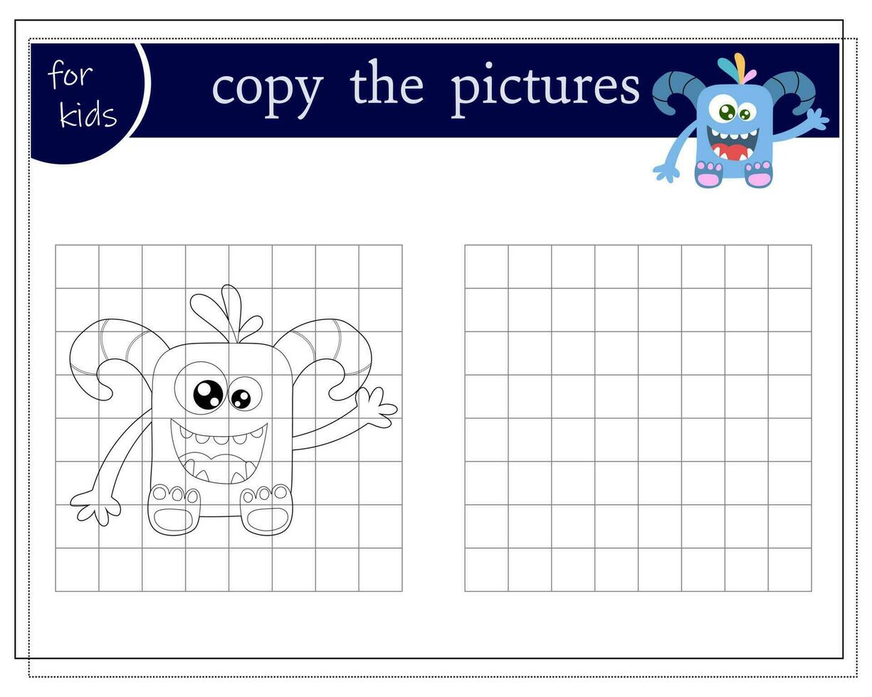 Copiar un imagen, un educativo juego para niños, un dibujos animados monstruo, un extraterrestre en un volador platillo. vector ilustración en un blanco antecedentes