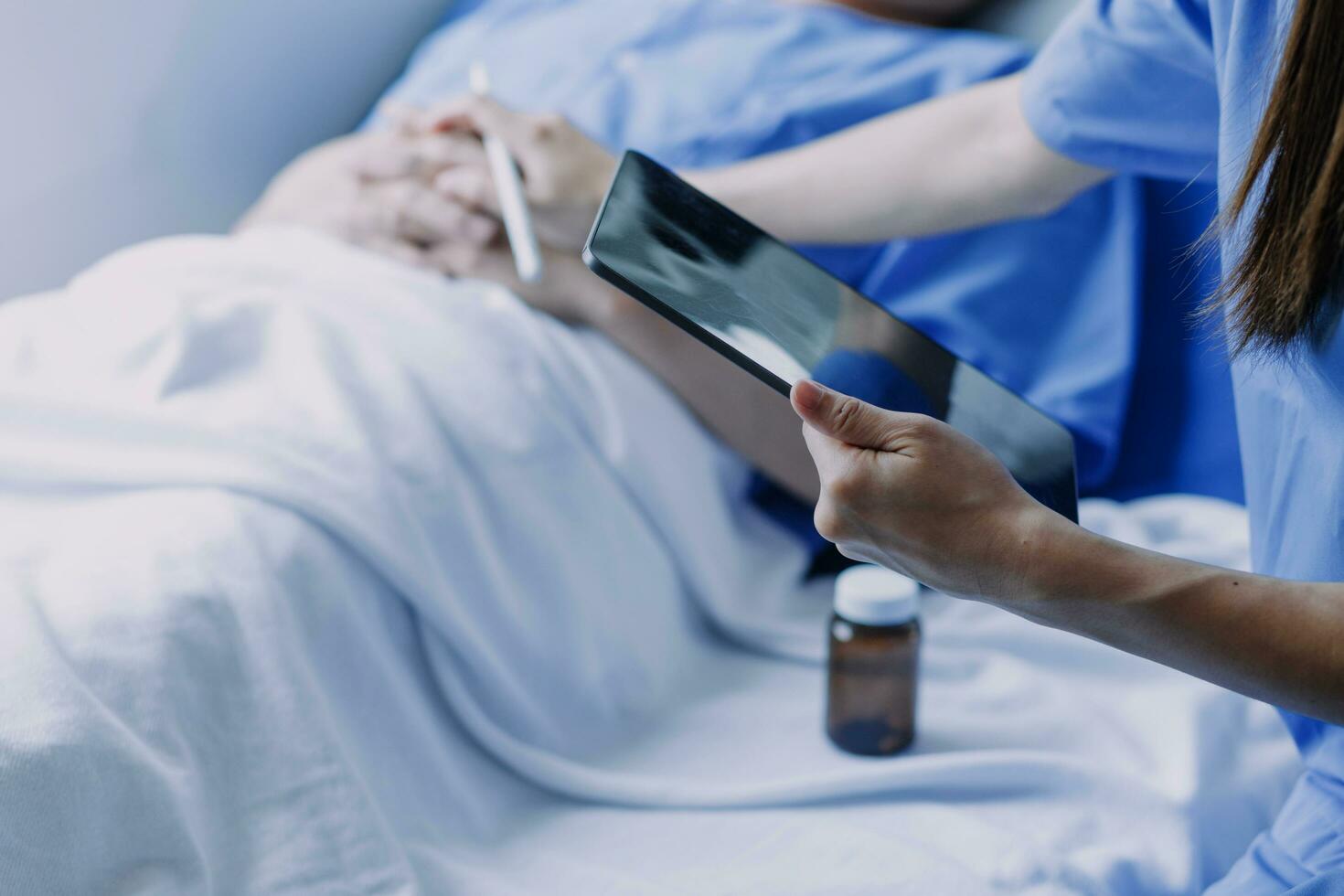 Male patient having consultation with doctor or psychiatrist who working on diagnostic examination on men's health disease or mental illness in medical clinic or hospital mental health service center photo