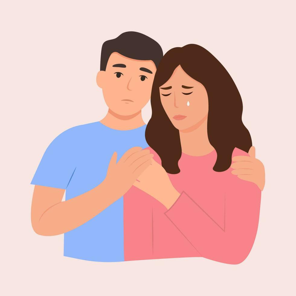 joven hombre consolador su llorando mejor amigo. mujer consolando y cuidado acerca de triste, Deprimido novia. ayuda y apoyo concepto. vector ilustración