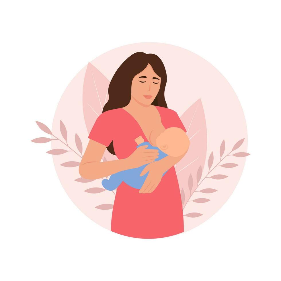 amamantamiento madre.mujer alimentación un bebé con pecho con naturaleza y hojas antecedentes. lactancia concepto. mundo amamantamiento semana. plano vector ilustración