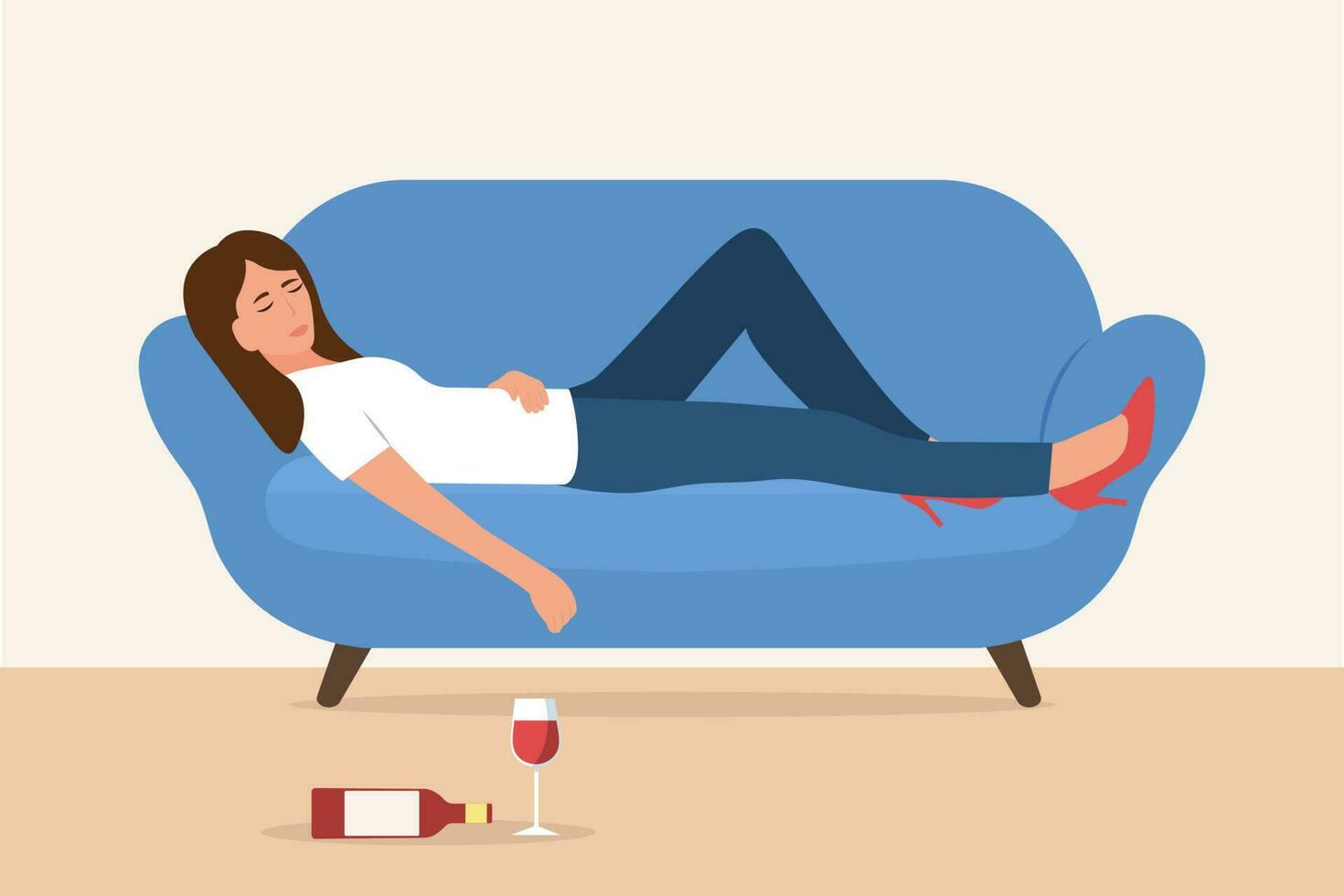 Drunk woman sleeping on the sofa. Wine glass and alcohol bottle on the floor.Woman has alcohol addiction. Vector illustration