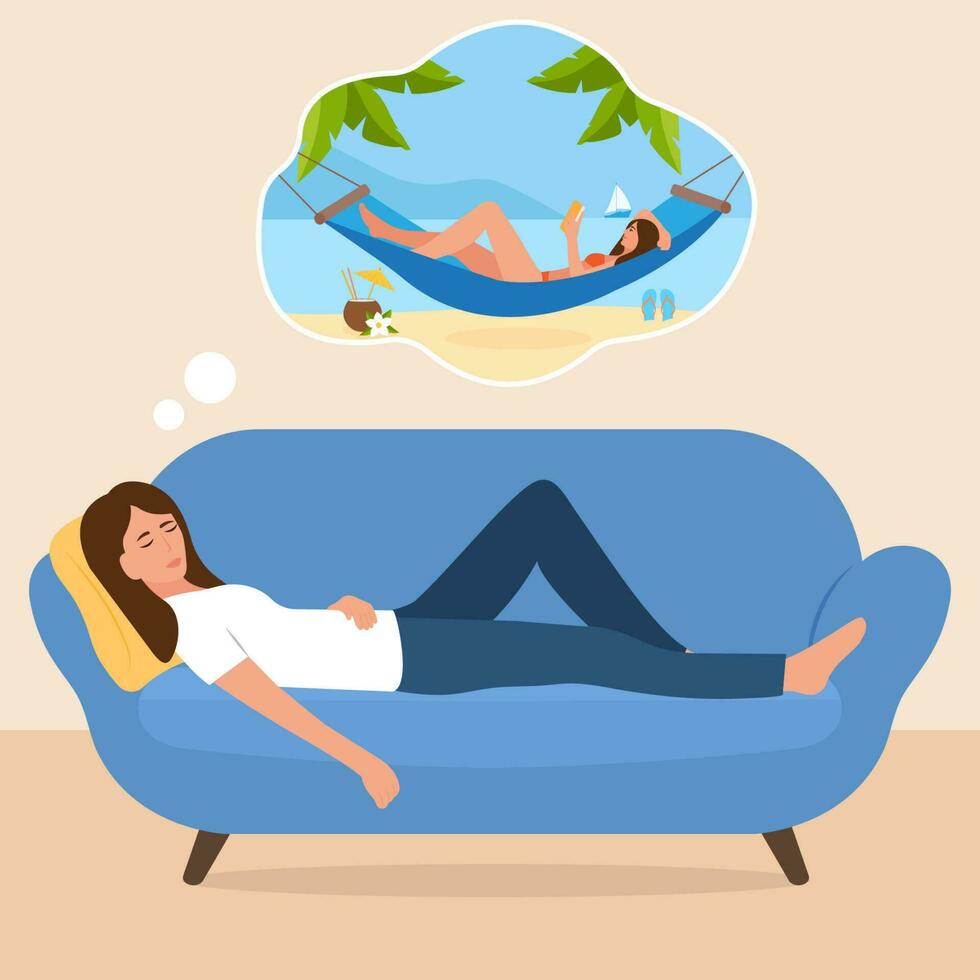 relajado mujer en sofá dormido y soñando acerca de verano vacaciones , playa con mar. plano estilo vector ilustración.