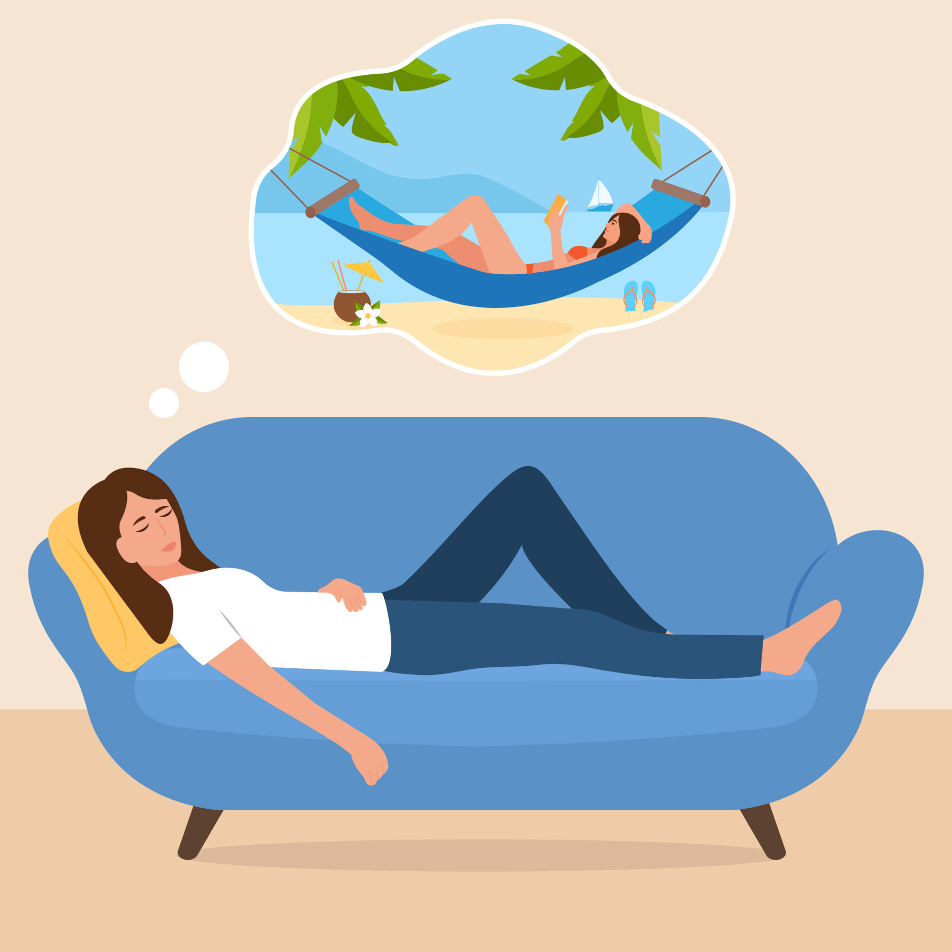 Relaxed woman on couch sleeping and dreaming about summer vacation