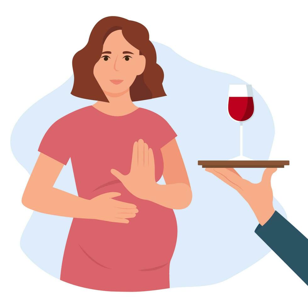 embarazada mujer en pie negarse de vaso de vino con elevado mano. No alcohol durante embarazo.saludable estilo de vida y evitando alcohol concepto. vector plano ilustración