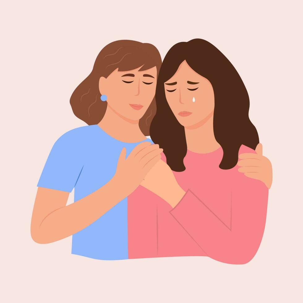 Young woman comforting her crying best friend. Woman consoling and care about sad, depressed girlfriend. Help and support concept. Vector illustration