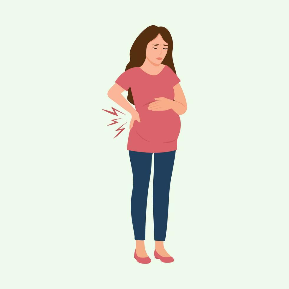 Pregnant woman suffering from backache.Spinal discomfort. Vector concept illustration.