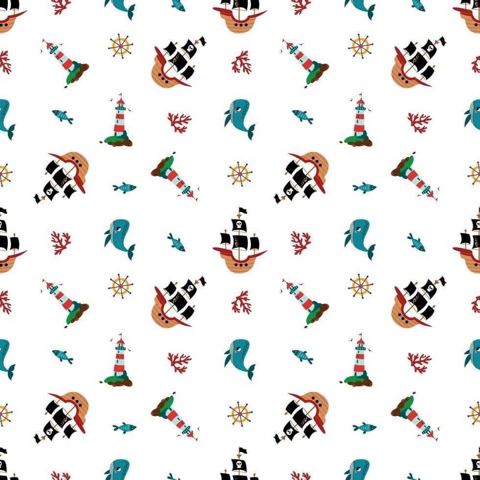 Seamless pattern with pirate ships. Design for fabric, textile, wallpaper, packaging. vector