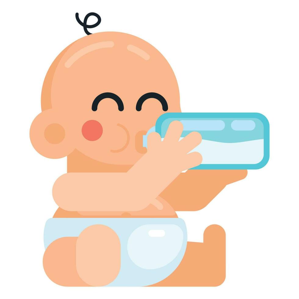 Cute baby sitting and drinking milk from milk bottle. Flat style vector