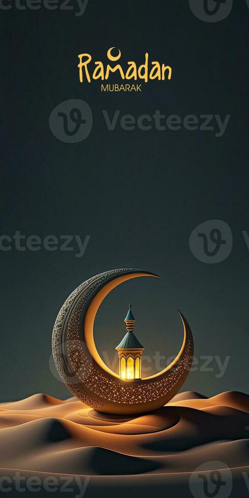 Ramadan Mubarak Banner Design With 3D Render, With Exquisite Crescent Moon And Illuminated Arabic Lamp On Sand Dune. photo