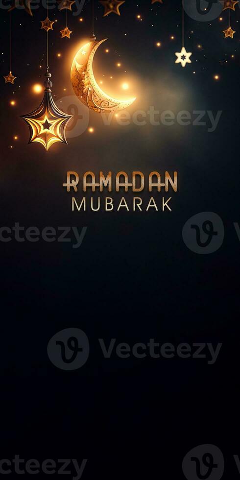 Ramadan Mubarak Banner Design With 3D Render of Shiny Golden Crescent Moon And Hanging Stars Decorated Background. photo