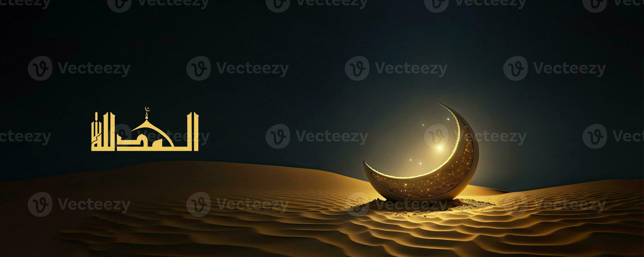 Arabic Calligraphy of Wish Praise Be To God And 3D Render, Golden Crescent Moon On Sand Dune. Banner or Header Design. photo