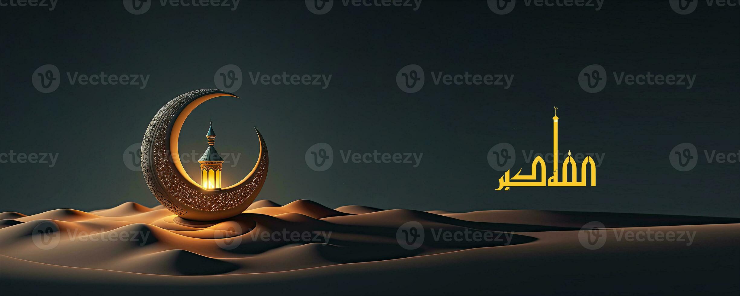 Arabic Islamic Calligraphy of Wish Allah Is The Greatest With Exquisite Crescent Moon And Illuminated Arabic Lamp On Sand Dune. 3D Render. photo