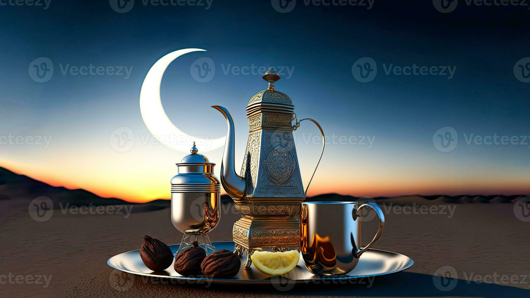 3D Render of Arabic Tea or Coffee Pot With Mug, Fruit On Tray In Night Time. Islamic Religious Concept. photo
