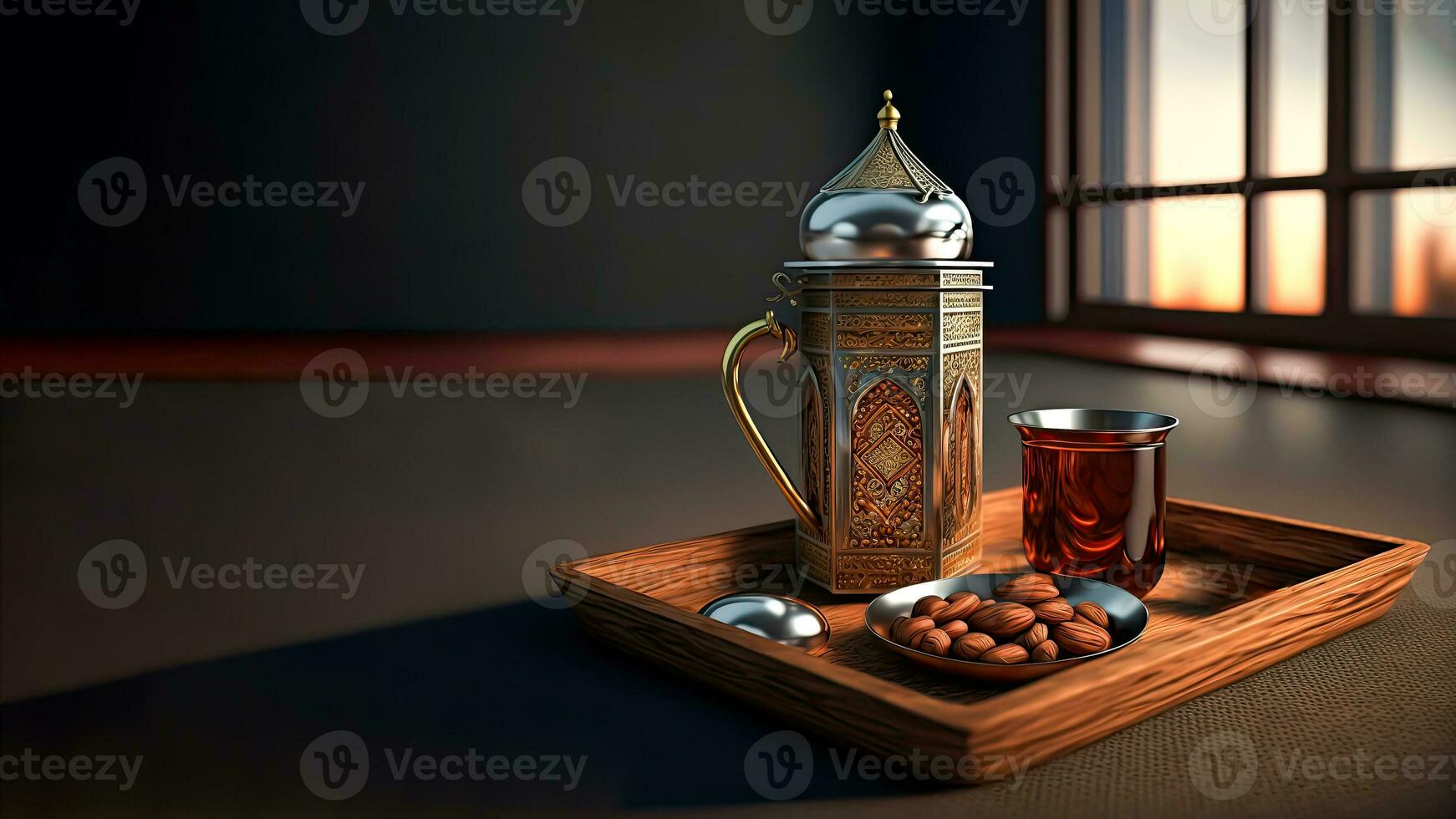 3D Render of Arabic Pot With Glass, Dates On Tray. Islamic Religious Concept. photo