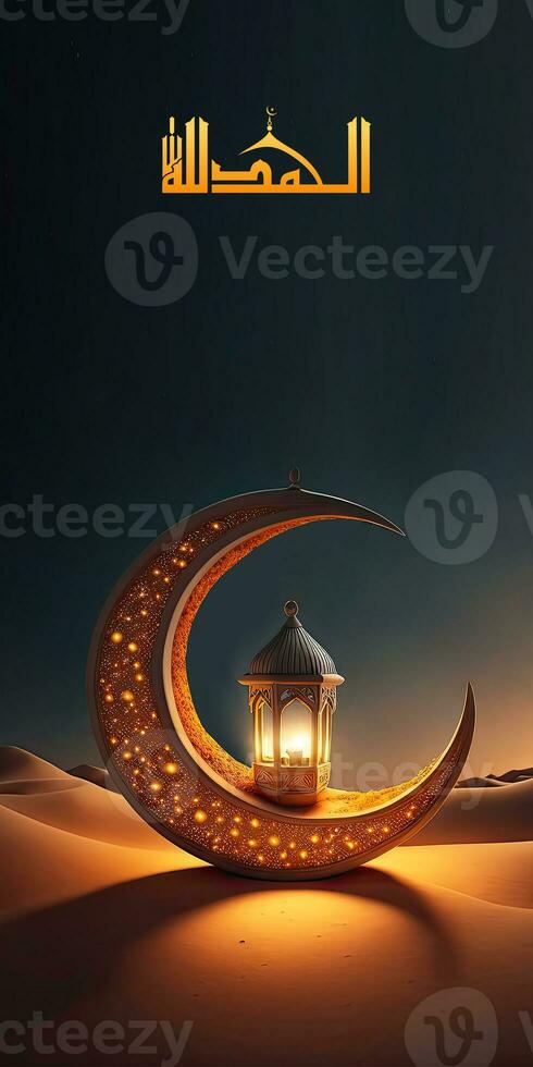 Arabic Calligraphy of Wish Praise Be To God With 3D Render, Exquisite Crescent Moon And Illuminated Lamp On Sand Dune. Banner or Header Design. photo