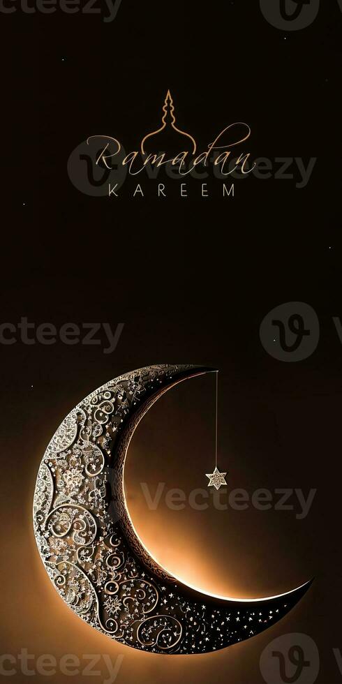 Ramadan Kareem Banner Design With 3D Render of Shiny Exquisite Crescent Moon And Hanging Star On Dark Brown Background. photo