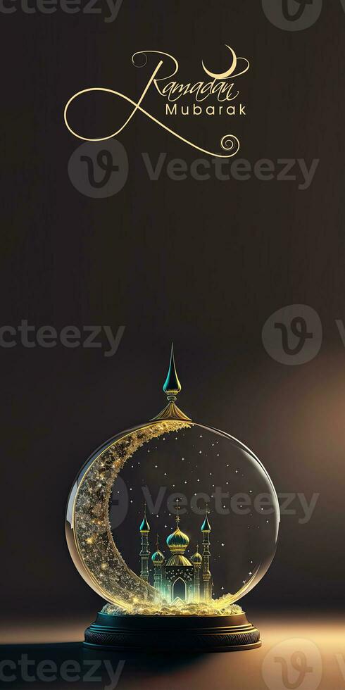 Ramadan Mubarak Banner Design With 3D Render of Beautiful Shiny Crescent Moon, Mosque Inside Glass Ball Stand On Dark Background. photo