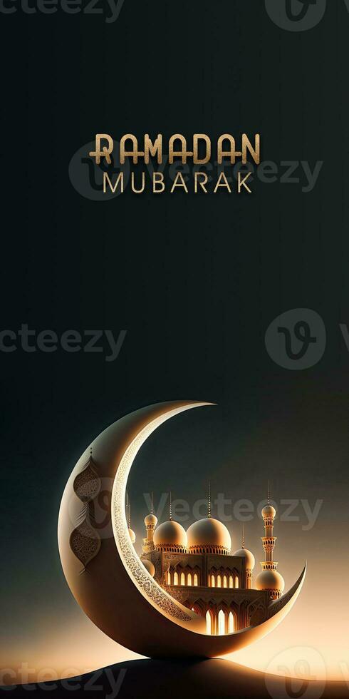 Ramadan Mubarak Banner Design With Golden Glittery Text, 3D Render of Crescent Moon With Beautiful Mosque On Evening Background. photo