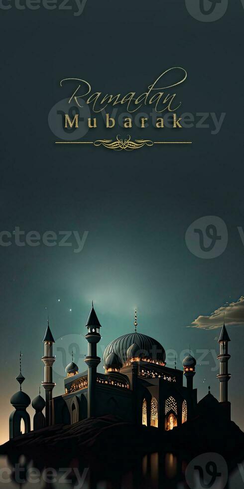 Ramadan Mubarak Banner Design With View of Mosque In Night, Mosque Reflection In The Water. 3D Render. photo