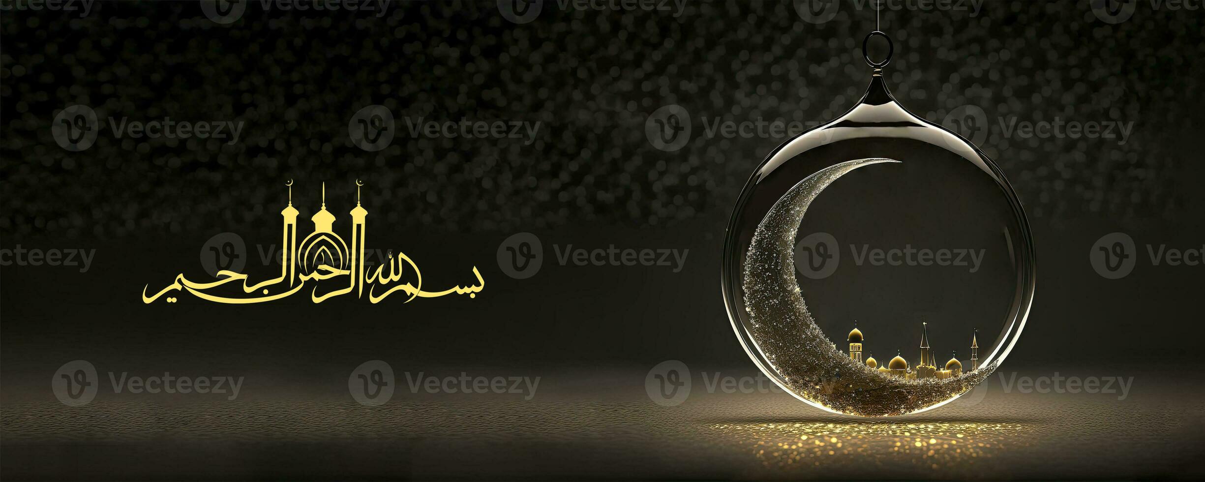 Arabic Islamic Calligraphy of Wishes in the name of Allah, most gracious, most merciful And Shiny Crescent Moon, Mosque Inside Crystal Ball. 3D Render. photo