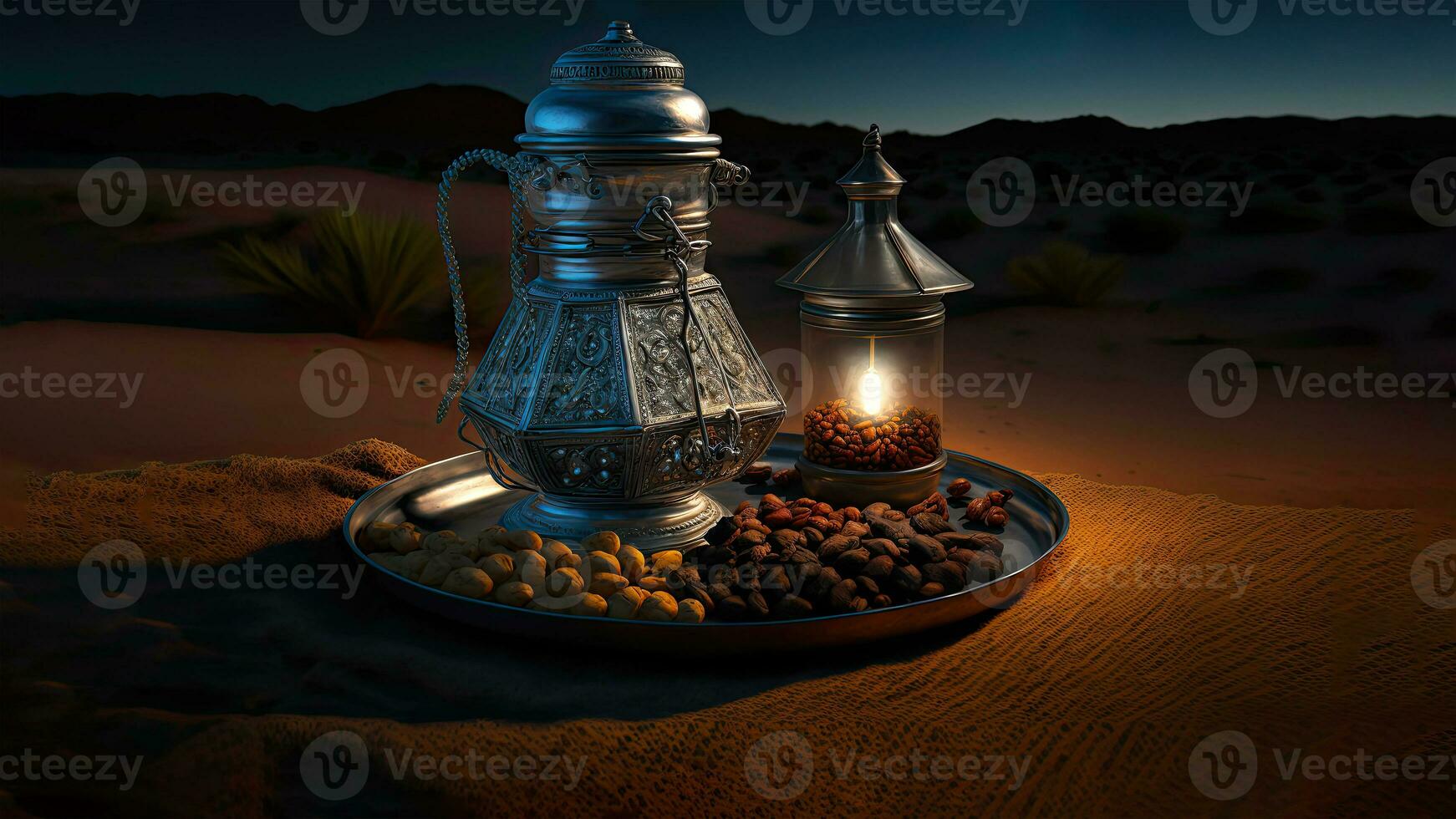 3d hacer de plata Arábica jarra con vaso frasco, seco frutas en plato en contra arena duna. islámico religioso concepto. foto