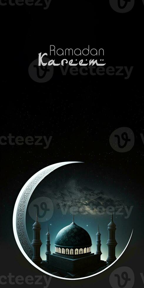 Ramadan Kareem Banner Design, Exquisite Crescent Moon With Carved Mosque On Night Background. 3D Render. photo