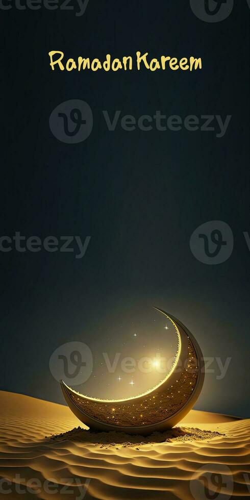 Ramadan Kareem Banner Design With 3D Render of Golden Crescent Moon On Sand Dune. photo