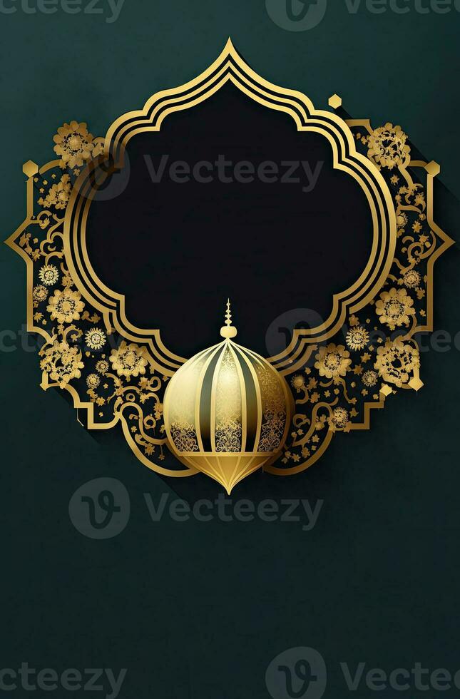 3D Render Of Arabic Lantern Hang And Golden Islamic Frame With Copy Space. Islamic Religious Concept. photo