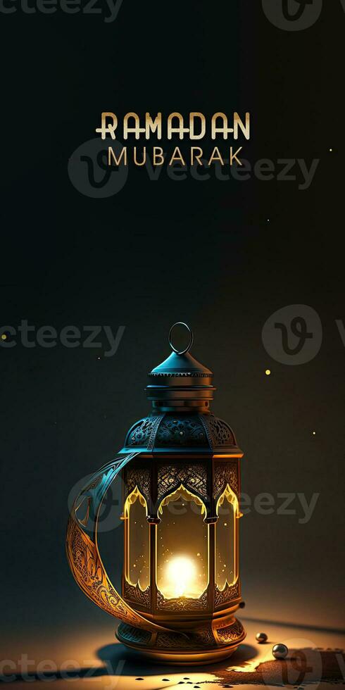 Ramadan Mubarak Banner Design With Golden Glitter Text, 3D Render of Illuminated Arabic Lamp. photo