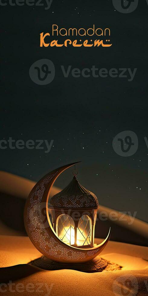 Ramadan Mubarak Banner Design With 3D Render, Exquisite Crescent Moon With Illuminated Arabic Lamp On Sand Dune. photo