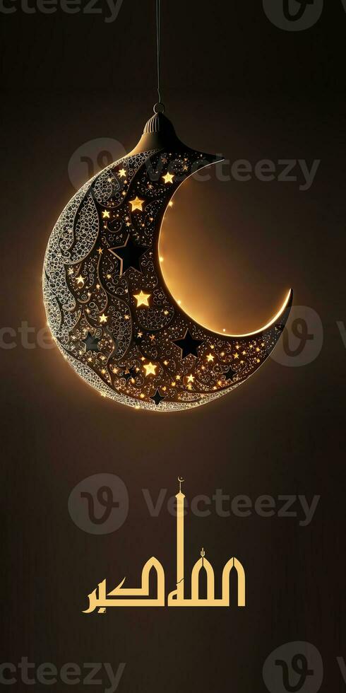Arabic Islamic Calligraphy of Wish Allah Is The Greatest And 3D Render, Exquisite Crescent Moon Decorated By Shiny Stars Hang. 3D Render. photo