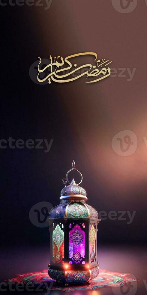 Arabic Calligraphy of Golden Glitter Ramadan Kareem And 3D Render, Illuminated Arabic Lamp On Mandala. Banner or Header Design. photo