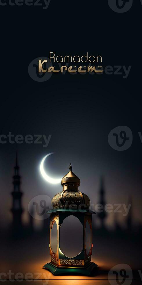 Ramadan Kareem Banner Design With 3D Render of Illuminated Arabic Lamp On Crescent Moon Night Background. photo