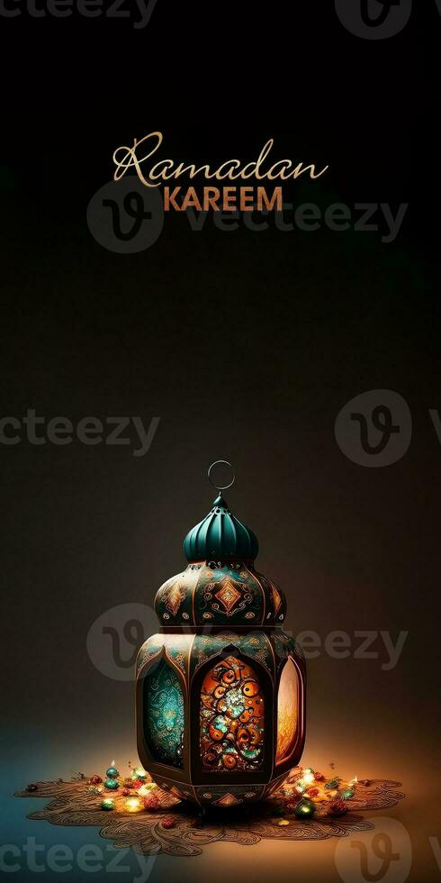 Ramadan Kareem Banner Design With Golden Glittery Text, 3D Render of Illuminated Arabic Lamp On Dark Background. photo
