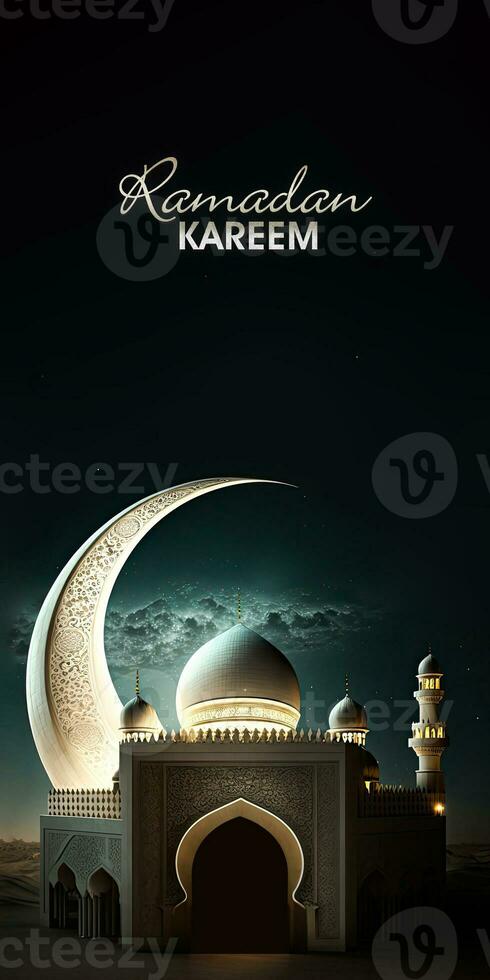 Ramadan Kareem Banner Design, Exquisite Crescent Moon With Carved Mosque On Night Background. 3D Render. photo