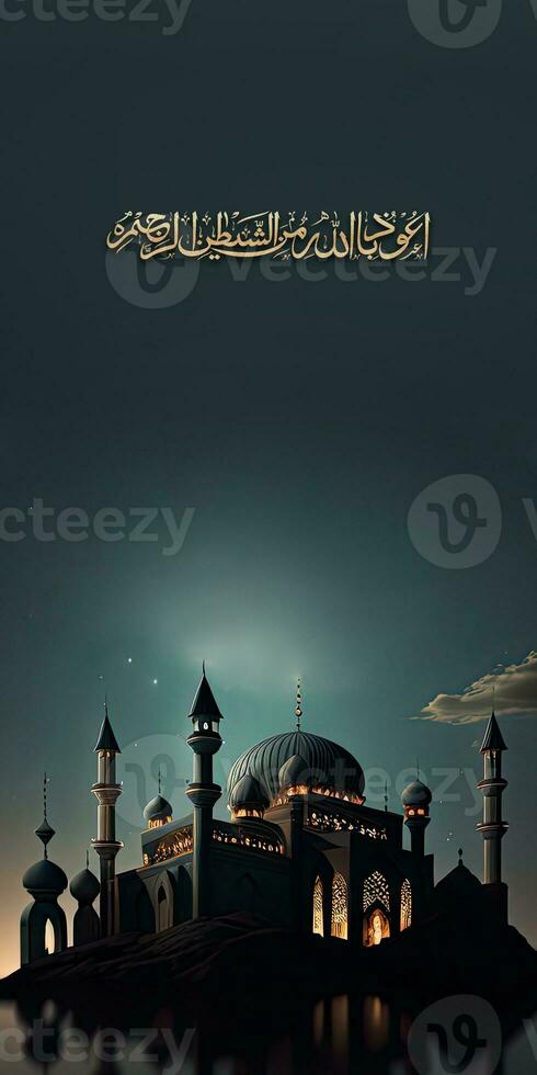 Golden Glittery Arabic Islamic Calligraphy of Wish Fear of Allah brings Intelligence, Honesty and Love And 3D Render of Mosque, Crescent Moon Night Background. photo