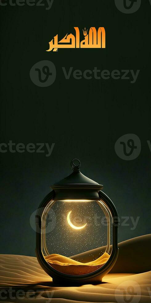 Arabic Islamic Calligraphy of Wish Allah Is The Greatest And 3D Render, Shiny Crescent Moon Inside Lamp On Sand Dune. photo