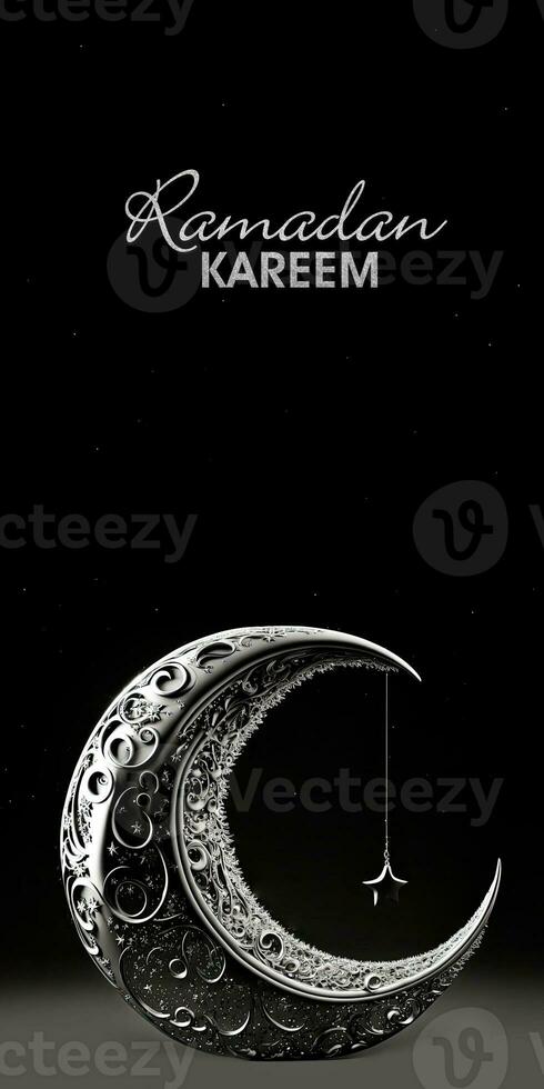 Ramadán kareem bandera diseño con plata reluciente texto, 3d hacer de Exquisito creciente Luna y colgando estrella en negro antecedentes. foto