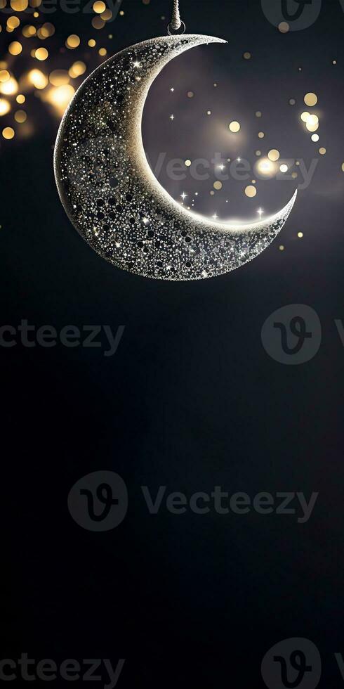 3D Render of Hanging Exquisite Shiny Carved Moon With Stars On Black Background. Islamic Religious Concept. photo