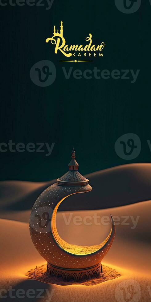 Arabic Islamic Calligraphy of Wish There is no one Worthy of Worship except Allah and Muhammad And 3D Render, Exquisite Crescent Moon Stand On Sand Dune. photo