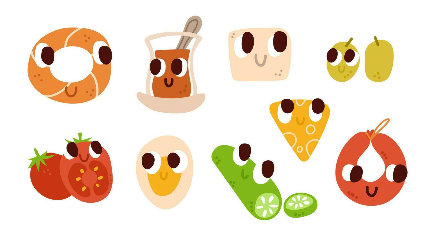 Breakfast food characters set for kids menu. Vector illustrations clip art.