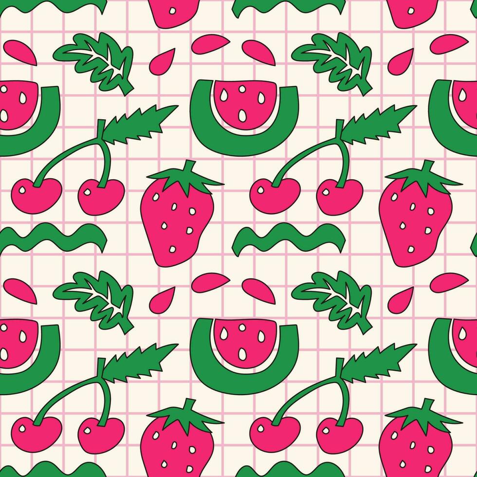 Summer fruits pattern in pink and green colors. Vector doodle illustration.
